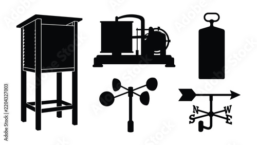 Set of meteorological weather station instruments including a stevenson screen, wind vane, anemometer, and barometric equipment