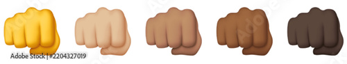 Raised fist emoji icon collection with diverse skin tones isolated on white background. Colorful clenched hand symbols represent strength, power and determination for messaging, stickers and digital 
