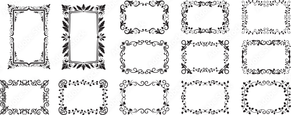 Fototapeta premium Set of vintage black and white floral rectangular frame and border templates