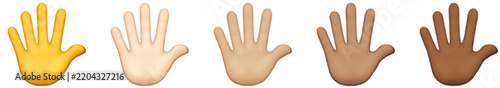 Raised hand emoji icon collection with diverse skin tones isolated on white background. Colorful open palm symbols represent greeting, waving and communication for messaging, stickers and digital desi