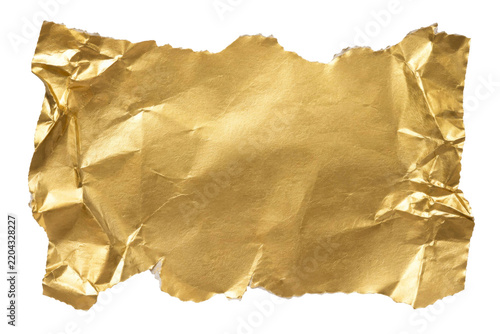 A piece of torn golden paper with a crumpled texture isolated on a clean white background