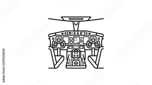Clean Minimalist Black and White Line Drawing of Aircraft Cockpit Interior with Pilot Seats and Controls