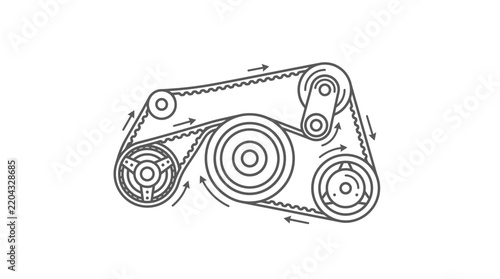 Modern Black and White Line Drawing of Timing Belt System with Pulleys and Arrows Indicating Rotation Direction