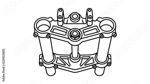 Dynamic Black and White Line Drawing of Engine Cylinder Head with Mounting Points and Exhaust Ports