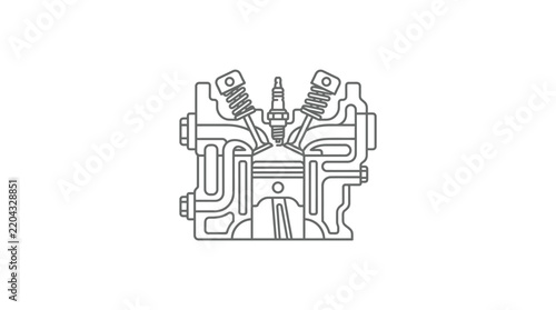 Professional Black and White Line Drawing of Car Engine Cylinder Head with Spark Plugs and Valves