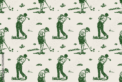 Vintage Golf Seamless Pattern with Hand-Drawn Golfers and Course Elements