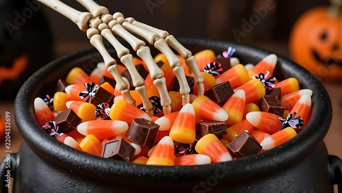 Skeleton hand reaches for treats.