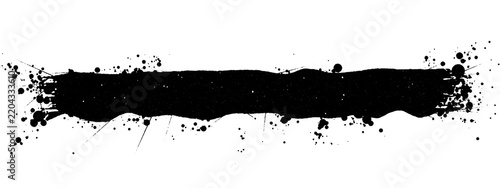 Thin black grunge brush stroke bar with dry brush ends and ink splatter isolated on transparent background