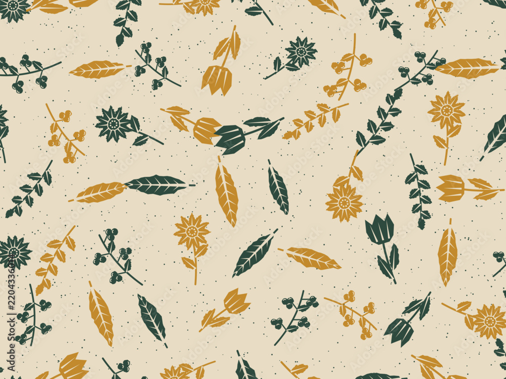 Obraz premium Linocut Botanical Leaves And Flowers Pattern Background