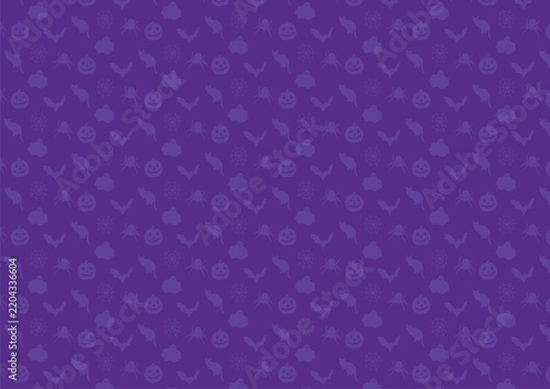 Purple Halloween Seamless Pattern with Spooky Cats, Ghosts, Pumpkins, and Bats