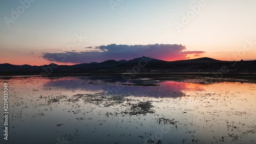 Aerial View of Flamingo Flock on Lake with Snow Capped Mountains at Twilight