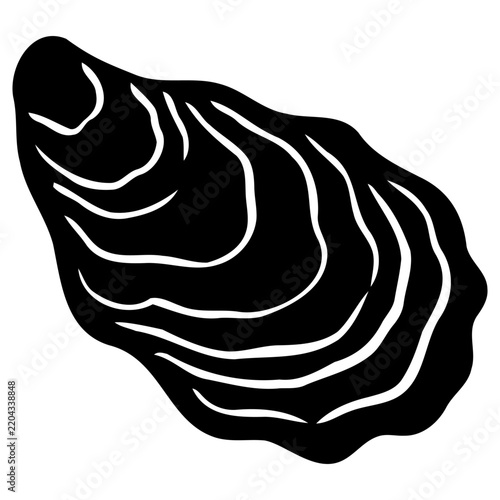Black silhouette of a single oyster shell with textured organic ridges shown in a minimalist style with ridges contours illustration