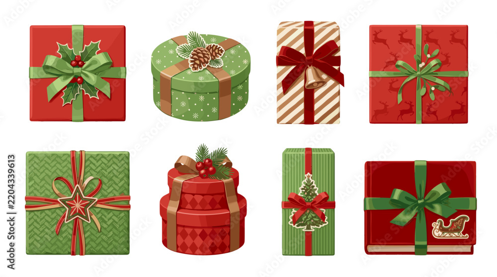 Obraz premium Collection of christmas gift boxes with festive decorations and ribbons