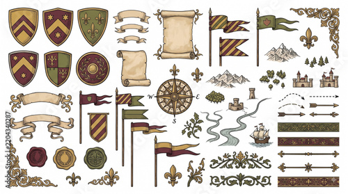 Medieval Heraldic and Cartography Design Elements Set, Featuring Shields, Banners, Scrolls, and Decorative Flourishes