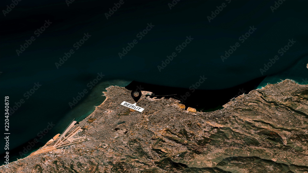 Obraz premium Beirut Lebanon aerial 3D satellite view with black location pin and city label, Mediterranean Sea coastline, airport, port and mountains, Middle East capital