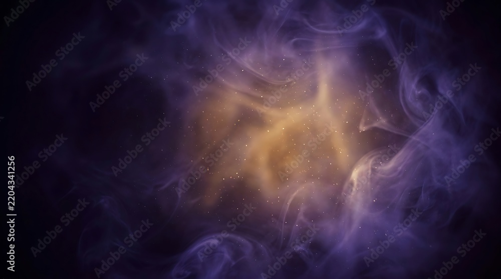 Obraz premium Mysterious purple smoke swirling around a bright golden light source featuring tiny floating particles in a dark atmospheric background setting during evening hours
