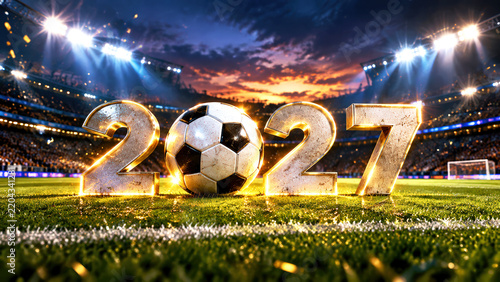 Glowing 2027 numbers and soccer ball on a stadium field under stadium lights and sunset sky. Perfect for sports event ads, football promotions, tournament posters, and New Year campaigns.