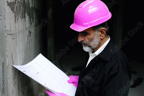 Middle Eastern male construction engineer with pink hard hat reviewing architectural blueprints at building site