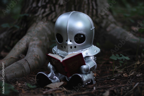Small cute silver knight figurine sitting by a tree reading a miniature red book in the forest