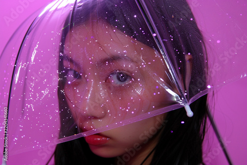 Portrait of young woman under sparkling translucent umbrella with neon magenta lighting