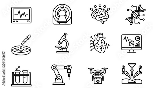 Medical Technology and Healthcare Line Icons Set. AI Diagnostics, Robotic Surgery, MedTech, Biotechnology and Smart Medicine Outline Symbols