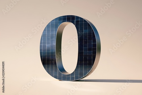 Three-dimensional letter O shaped as reflective solar panel on neutral background