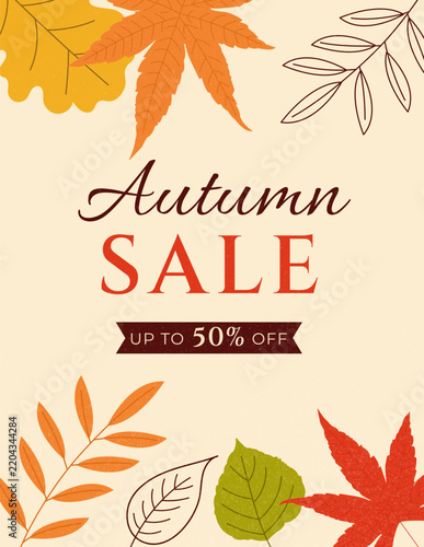 Autumn sale banner featuring colorful fall leaves on a light background. Design for seasonal sales, advertising campaigns, promotions, and marketing materials