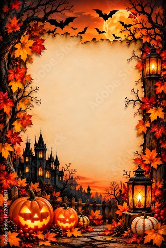 Halloween Frame with Haunted Castle and Pumpkins