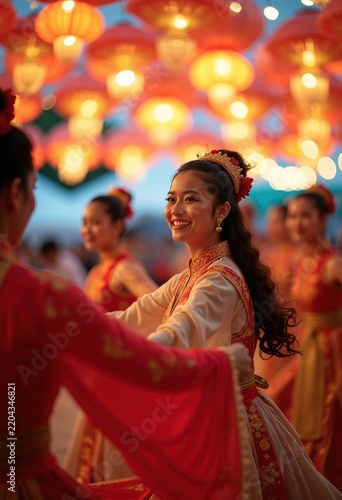 Graceful Dance Performances Under Bright Colored Canopies at a Vibrant Asian Pacific Festival