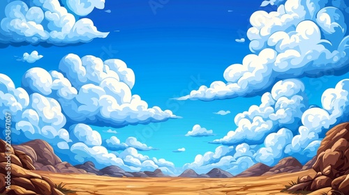 desert wasteland landscape with rocky mountains under fluffy white clouds and bright blue sky background