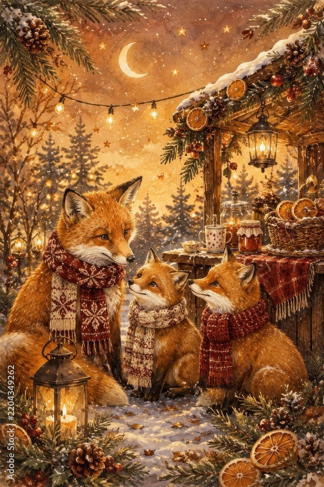Fototapeta premium Cozy winter fox family beneath festive woodland lights