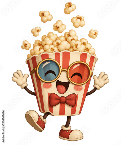 Cute Retro Movie Popcorn Bucket Character on Transparent Background