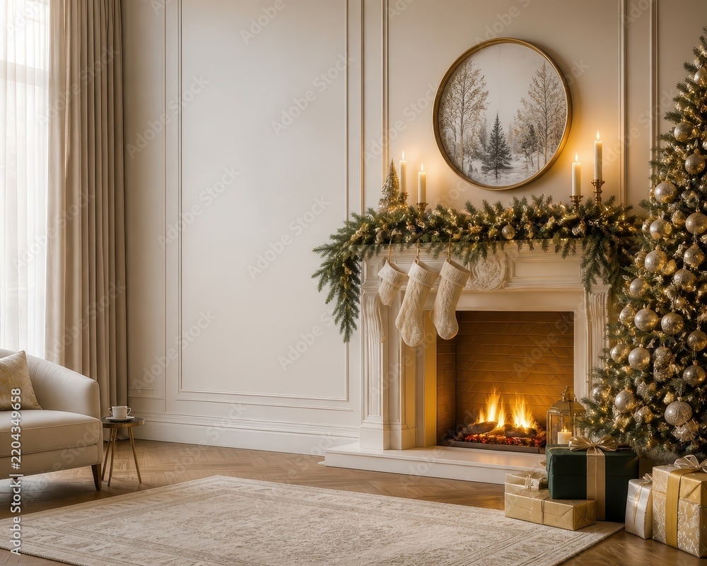 Fototapeta premium Elegant Christmas living room fireplace with festive tree decor