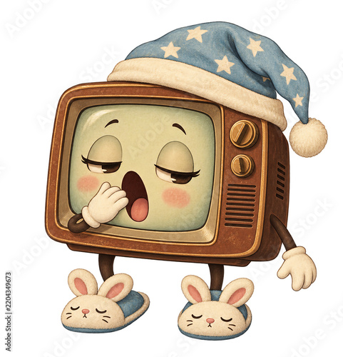 Cute Retro CRT Television Character Sleepy on Transparent Background