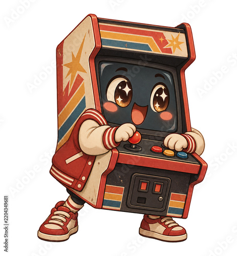 Cute Retro Arcade Cabinet Gamer Character on Transparent Background