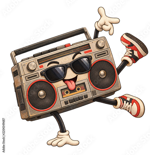 Cute Retro Boombox Character Breakdancing on Transparent Background