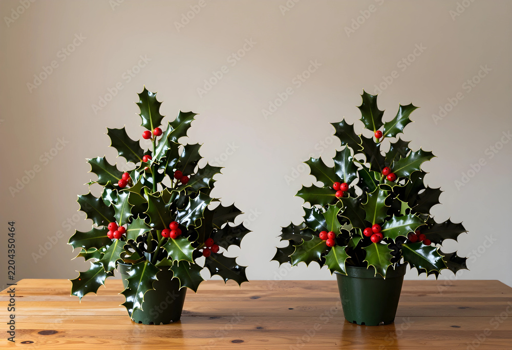 Obraz premium Christmas holiday decoration, two potted holly plants with red berries on a wooden table for festive winter home interior and seasonal celebration