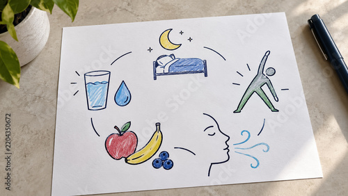 Healthy lifestyle concept sketches showing water nutrition sleep exercise and breathing on paper. Concept of doodles, wellness, health concept, habit tracker, good sleep. Copy space.