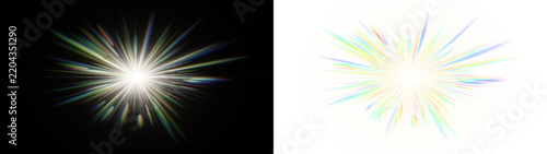Prismatic rainbow crystal light burst lens flare shown on black and on transparent background