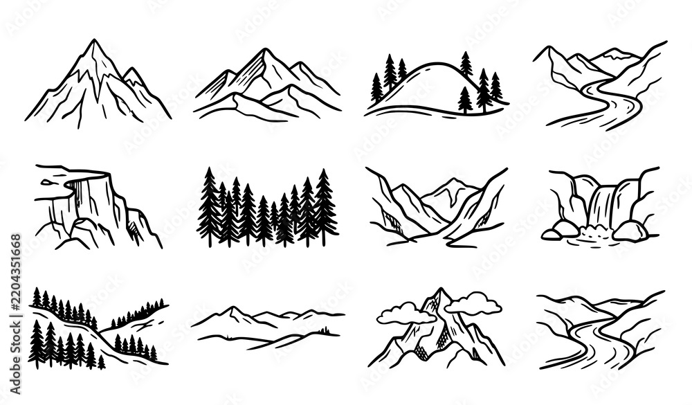 Fototapeta premium Mountain landscape and pine forest hand drawn doodle outline vector icon set