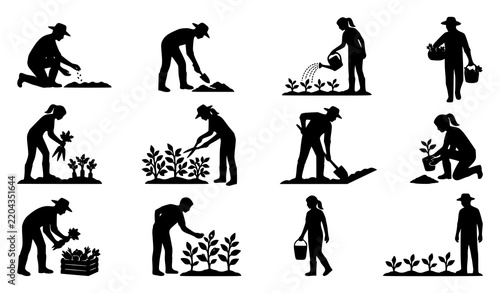 Black silhouette farming and gardening activities vector set with planting watering and harvesting