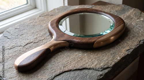 Sculptural hand mirror made of dark wood and brass lying on stone slab. Concept of wooden mirror, luxury accessory, handheld mirror, craft.