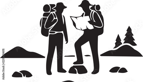 Two Hikers Reading a Map in Nature Vector Silhouette Graphic Illustration