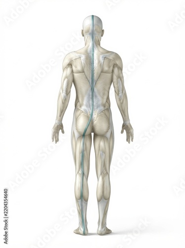 A detailed view of the back line anatomy highlights the fascia connective tissue and myofascial networks of the human body.