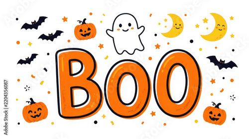Cute halloween boo lettering with ghost, pumpkins, bats and moons isolated on transparent background