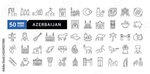 Vector line icon set for Azerbaijan, Baku and Azerbaijani culture for mobile apps and web interfaces. Editable strokes.