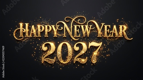 Elegant golden happy new year 2027 typography design with glowing sparkles and decorative flourishes isolated on a dark black background for celebration