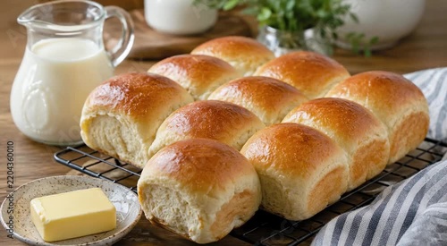 Golden soft dinner rolls arranged in a 3x3 grid on a cooling rack with butter and milk for a cozy breakfast or brunch scene