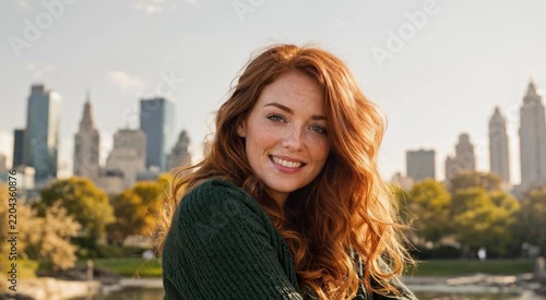 Close-up portrait of a smiling red-haired woman with freckles in a sunlit city park
