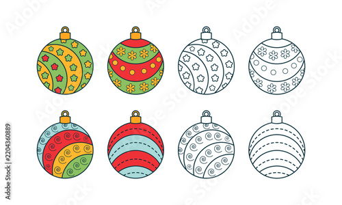 christmas ornament drawing set with black line art and color icons